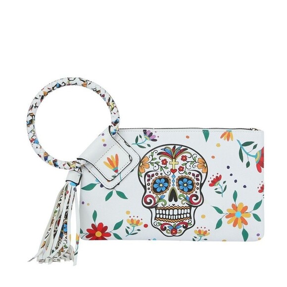 Women White Skull Cuff Graffiti Tassel Clutch Handbag - Picture 2 of 2